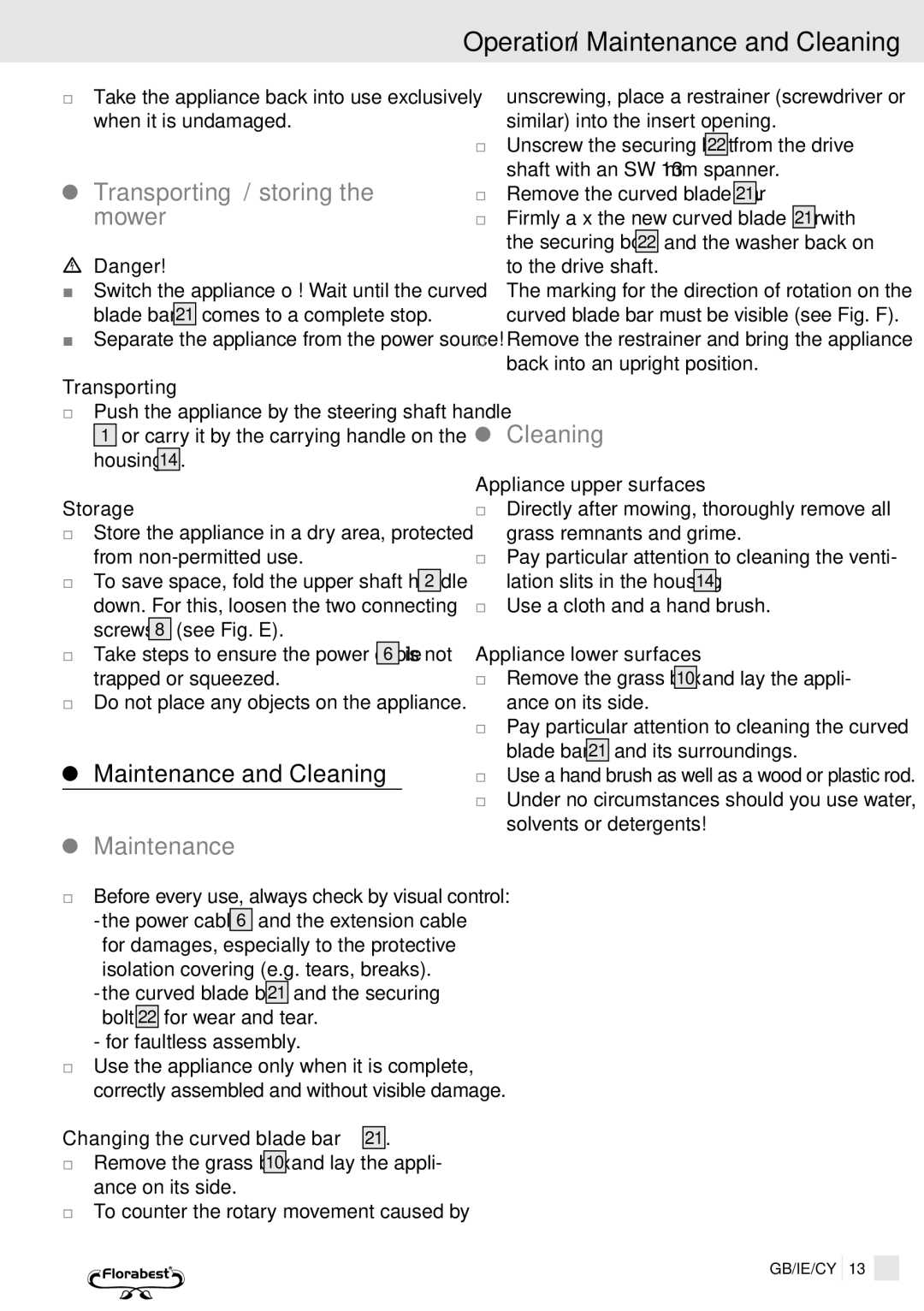 Kompernass FSM R1 manual Operation / Maintenance and Cleaning, Transporting / storing the mower 